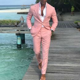 Beach Groom Wedding Tuxedos Pink 2 Pieces Handsome Mens Pants Suits One Button Slim Fit Groomsmen Wear (Jacket+Pants)