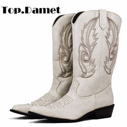 Top.Damet Western Boots Women Autumn Winter Slip On Solid Color Boots Pointy Toe Cowboy Cowgirl Motorcycle for Female