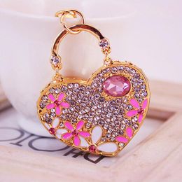 Fashion-FashiBag Charm Key Rings Enamel Flowers Decorated Crystal Rhinestone Paved Alloy Love Heart Pendant Keychain Fashion Car Key Chains