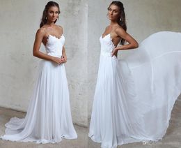 Sexy Spaghetti Straps Beach Prom Dresses Cheap Long Chiffon Bridal Gowns Backless Lace Appliqued Sheath Party Gowns HY4094