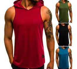 Men Fitness Hoodies Tank Tops Sleeveless Bodybuilding Tee Shirt Fashion Stringer Male Workout Hooded Vest Sportswear