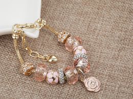 Wholesale-ashion new brand beads bracelet DIY pink flowers Drops oil beads 18K gold bracelet for women bracelet wholesale Jewellery
