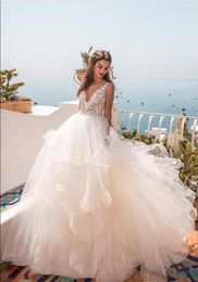 cascading ruffles Summer Beach Wedding Dresses A Line V Neck Sexy Open Back Lace applique Wedding Bridal Gowns Maternity Wedding Dress