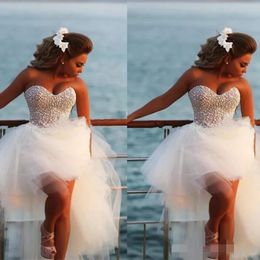 2019 High Low Dresses Sweetheart Neckline Beaded Pearls Tiered Skirt Custom Made Beach Wedding Gown Vestido De Novia 403 403