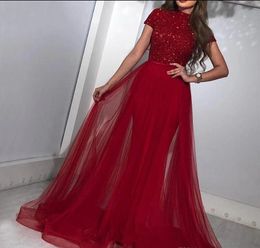 2019 Dark Red Muslim Evening Dresses Mermaid Sequined Prom Dress with Detachable Tulle Skirt Dubai Saudi Arabic Long Evening Gowns