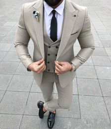 Popular Beige Groom Tuxedos Peak Lapel Slim Fit Groomsman Wedding Tuxedos Men Prom Party Jacket Blazer 3 Piece Suit(Jacket+Pants+Tie+Vest)81