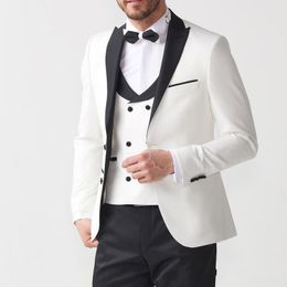 White Groom Tuxedos Black Peak Lapel Groomsman Wedding 3 Piece Suit Fashion Men Business Prom Party Jacket Blazer(Jacket+Pants+Tie+Vest)2282