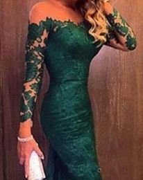 Emerald Green Lace Prom Dresses Long Sleeve Custom Made Quality Formal Dresses Mermaid Evening Party Gowns With Sweep Train267l