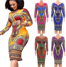 -Robes Femmes à manches longues col V Style Africain Automne Automne Nouvelles Robes