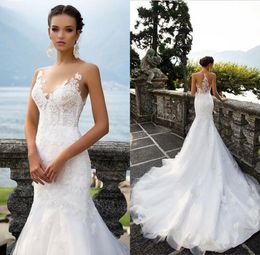 Setwell Mermaid Wedding Dress Sexy Sheer Neckline Lace Appliqued Summer Beach Vintage Wedding Gowns Chapel Train Long Bridal Dress