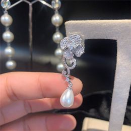 Fashion-Designer Jewellery Women Wedding Long Flower Dangle Earrings S925 Silver Cubic Zirconia Camellia Earrings Jewellry