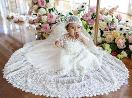 Luxury Soft Baby Christening Short Sleeve Lace Toddler Baptism Gown Elegant With Bonnet Flower Girls Kid First Communication Dress