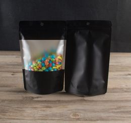 14x21cm(5.5x8.25in) Hang Hole Reclosable Matte Black Stand Up Pouches Metallic Mylar Zipper Package Bags w/ Window Free DHL