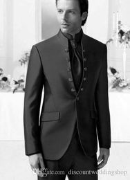 High Quality Groom Tuxedos Six Button Black Stand Collar Men Wedding Blazer Party Prom Dress Business Suits (Jacket+Pants+Vest+Tie) J676