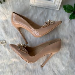 Free shipping fashion Women pumps sexy lady nude patent leather bee crystal strass point toe bride wedding shoes high heels 12cm 10cm