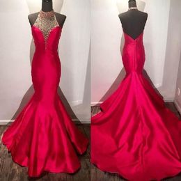 Sexy High Neck Mermaid Prom Dresses Red Colour Satin Pearls Beads Sequin Open Back Special Occasion Dress Evening Gowns Plus Size Vestido De