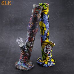 Diffusing tall silicone bongs water pipe with 14mm joint glass smoking accessories printing dragon/beauty/skull cool pipe