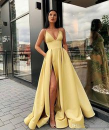 Cheap Simple Sexy Long A Line Prom Dresses Spaghetti Straps Satin Floor length Pleats High Side Split Special Occasion Dreses Evening dress