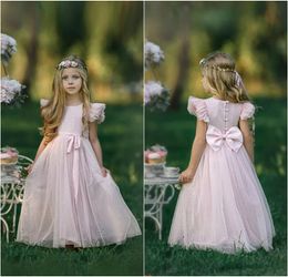 Sweet 2020 Flower Girls Dresses Princess Baby Pink Back Bow Girls Wear For Wedding Floor Length Short Bubble Sleeve Girls Party Dress