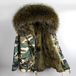 2020 dark green raccoon fur trim maomaokong brand dark green rabbit fur liner Camouflage shell mini parka