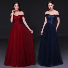 Sexy Off the Shoulder Long Evening Dress Dark Red/ Dark Navy Prom Dress Long Soft Tulle with Lace with beads