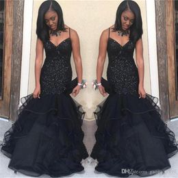 Sexy Amazing Black Prom Dresses Spaghetti Mermaid Ruffles Floor Length Crystal Beading Formal Evening Party Gowns Vestidos Customised