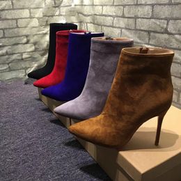 Hot Sale- Suede Leather Women Redbottom Stiletto Boots Lady High Heels Luxury Designer Blue,Grey,Black,Red,Brown