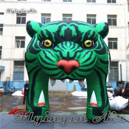 Customized Inflatable Tiger Mascot Tunnel 4m Height Green Large Advertising Blow Up Animal Head For Music Festival Decoration