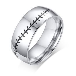 8mm Men Punk Stainless Steel Baseball Stitch Domed Silver Engagement Wedding Bands Male Sports Ring Jewellery Gifts