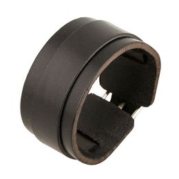 Wristband Punk Jewelry Cuff Double Wide Black Leather Bangles for Men Stainless Steel Charm Bracelet