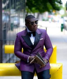 New Popular Double-Breasted Purple Groom Tuxedos Peak Lapel Groomsmen Mens Suits Wedding/Prom/Dinner Blazer (Jacket+Pants+Tie) K497