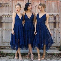 Designs Short Navy Blue Country Bridesmaid Dresses Tea Length Full Lace Spaghetti asymmetric Wedding Guest Dress Cheap Maid of Honour Dress