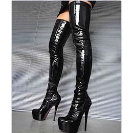 Hot Sale- Patent Women Thigh High Boots Side Zipper Stiletto Heels Black Over Knee Crotch Boots Shoes Botas Mujer Big Size 34-52