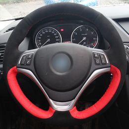 Hand sewing custom Black Suede Red Leather Car Steering Wheel Cover for BMW X1 2014 2015