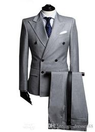 Fashion Light Grey Groom Tuxedos Double-Breasted Groomsmen Wedding Tuxedos Popular Men Formal Blazer Prom Jacket Suit(Jacket+Pants+Tie) 330