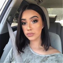 Brazilian Virgin Straight Shoulder Length Short Bob Wigs For Woman Middle Part Remy Human Hair Machine Made With A Little Lace In The Middle
