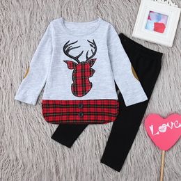 Infant Baby Girls clothes Christmas Clothing Set 2PCs Embroidery Deer Plaid Tops Pants Clothing Set roupas menina