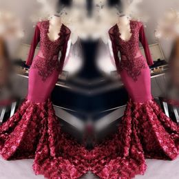 Burgundy Mermaid Prom Dresses 2K19 Lace Appliques Long Sleeves Evening Gowns Rose Flower Sweep Train Formal Party Dress Custom Made