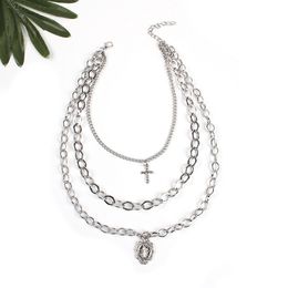 Wholesale- fashion luxury designer multi layer metal chain diamond cross crystal pendant choker statement necklace for woman