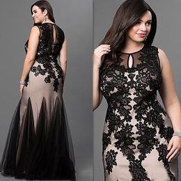 Plus Size Mermaid Prom Dresses Jewel Floor Length Black Appliques Beads Long Formal Evening Party Gowns Special Occasion Dress SD3387