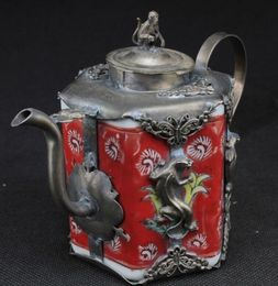 Chinese Porcelain Copper Handwork Pixiu & Monkey Teapot & Lid