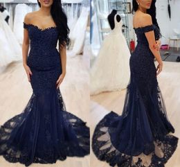 2019 New Cheap Sexy Navy Blue Mermaid Evening Dresse Off Shoulder Lace Appliques Beaded Open Back Sweep Train Prom Dresses Party Gowns