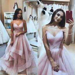Sexy Ruffles Prom Dresses With Spaghetti Straps A Line Shiny Organza Dresses Evening Wear Tiered Pink Cocktail Party Gowns