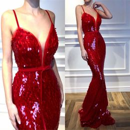 Red Sexy Sequins Prom Dresses Spaghetti Straps Sleeveless Mermaid Evening Gowns Floor Length Cocktail Party Dress Vestidos Cheap