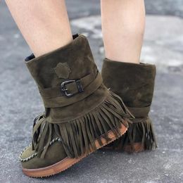 Camouflage boots Women's Fashion Casual Round Toe Rome Fringe Suede short Booties tassels Flat Shoes Plus size Shoes 43