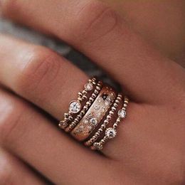 5pcs/Set Bohemian Vintage Punk Antique Gold Color Rhinestone Finger Rings For Women Ring Set Fashion Jewelry