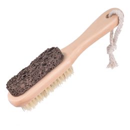 2 in 1 Foot Cleaning Brush Volcanic Stone Exfoliating SPA Brush Nature Boar Bristle Wooden Foot Brush