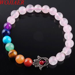 WOJIAER 8mm Natural Rose Quartz Stone Round Beads Palm Strands Bracelets 7 Chakra Healing Mala Meditation Prayer Yoga Women Jewellery K3259