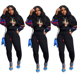 New Women tiger head 2 pcs set outfits jogger suit pullover hoodies top+pants casual print tracksuit sequins sweatsuits winter sportswear 2285