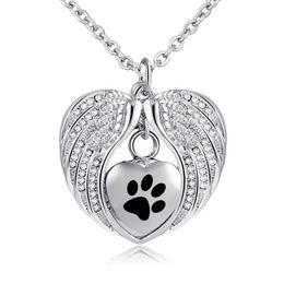 Cremation Jewelry with Angel Wing Urn Necklace for Ashes Birthstone pet Pendant Holder Heart Memorial Keepsake -Black paw print